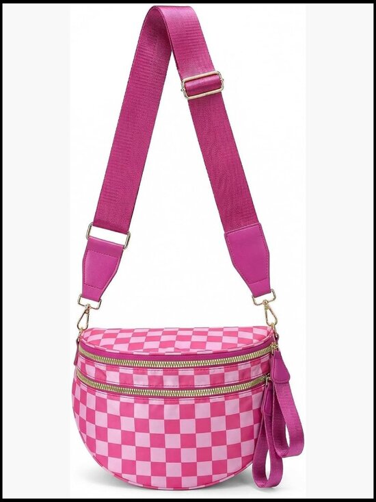 Handbags - Checkered Crossbody Bag Nylon Fanny Pack Hands-Free Travel Shoulder Bum Bag
